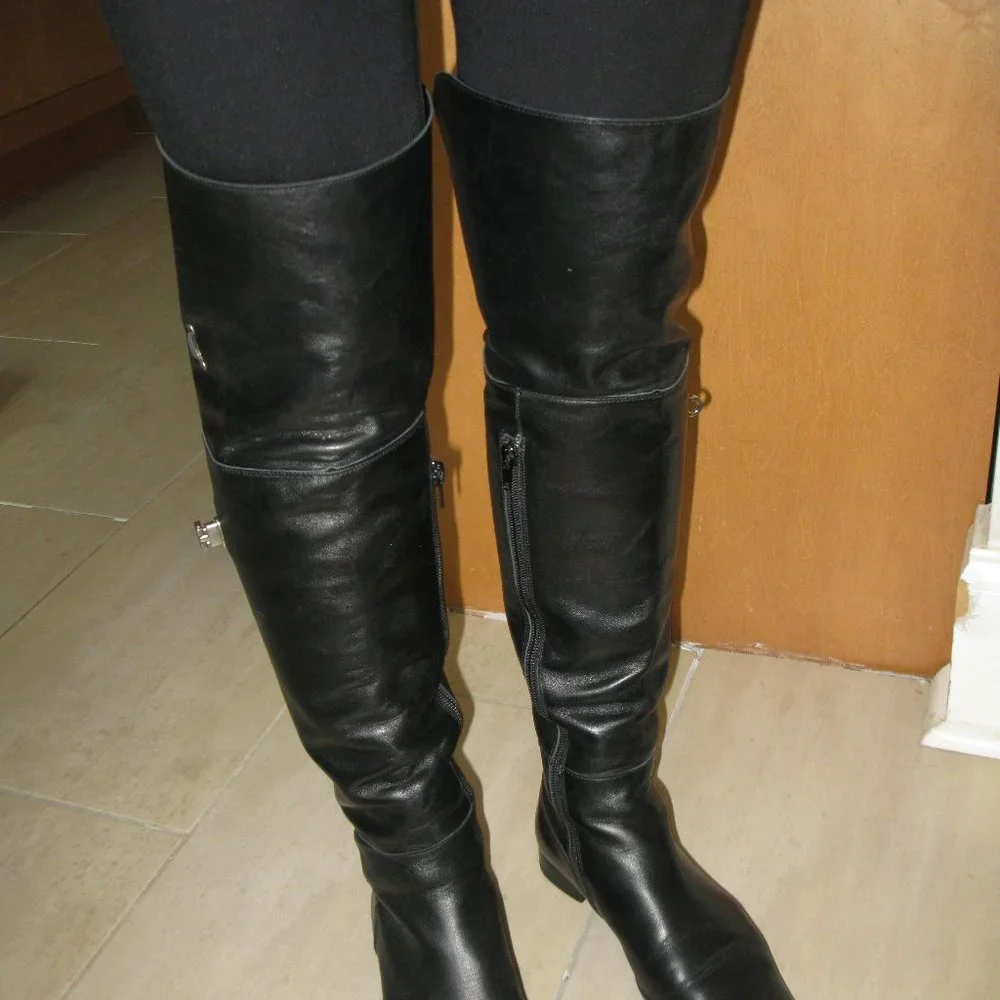 REDUCED Wmn Black Leather Side Zipper Block Heel Over The Knee Boots S 5.5 UK 3